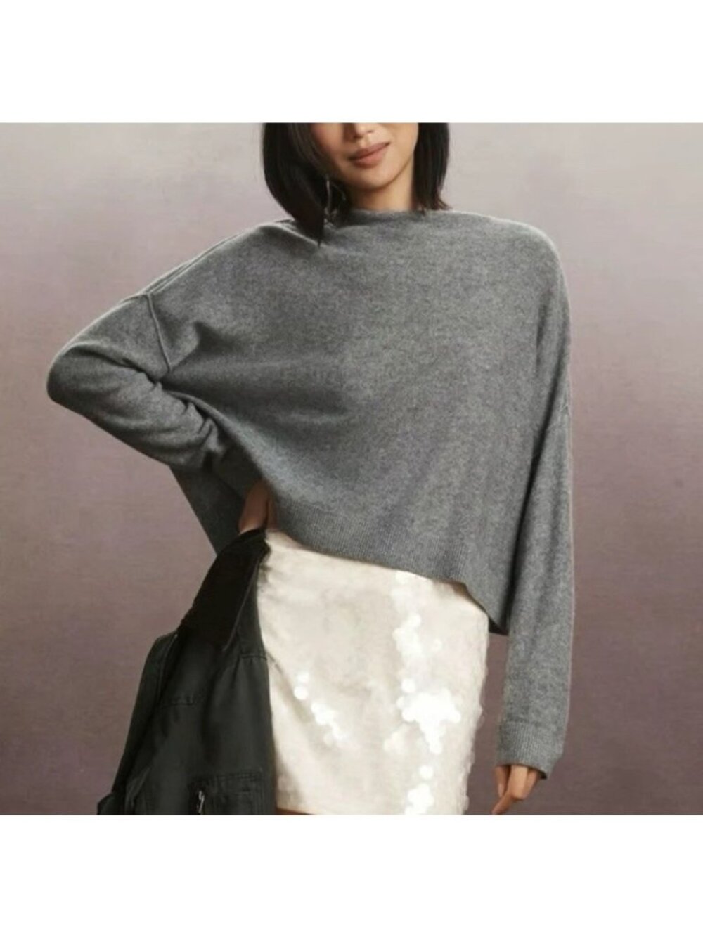 Pilcro Anthropologie Alani 100% Cashmere Sweater Womens Sz M Mock Neck Crop Gray